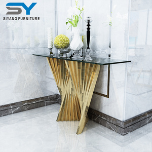 Foshan furniture simple design glass top stainless steel console table XG013