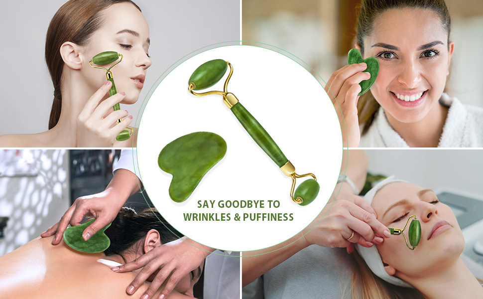 3 in 1 Kit with Facial Massager Tool 100% Real Natural Jade Stone Anti Aging Face Anti-Wrinkle Jade Roller and Gua Sha for Face