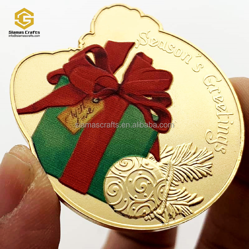 Custom Embossed Medallion 24K Gold Plated Metal Coin Die Stamping Santa Claus Christmas Coins With Holder