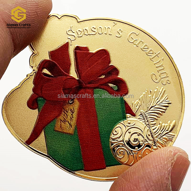 Custom Embossed Medallion 24K Gold Plated Metal Coin Die Stamping Santa Claus Christmas Coins With Holder