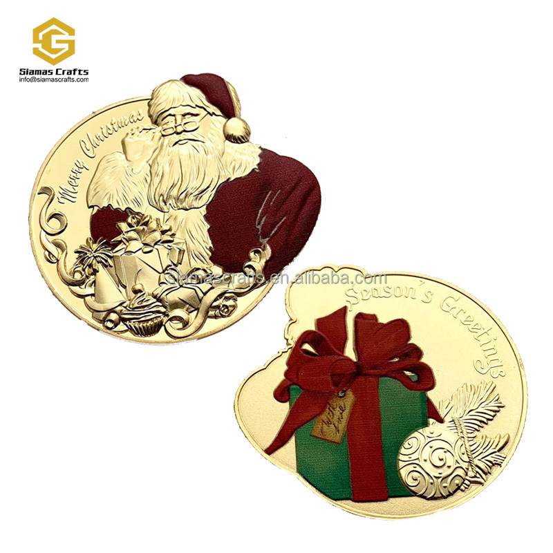 Custom Embossed Medallion 24K Gold Plated Metal Coin Die Stamping Santa Claus Christmas Coins With Holder