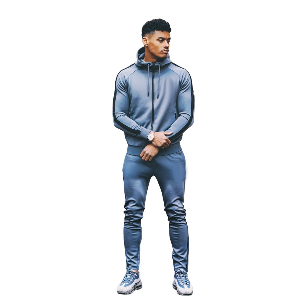 Grey polyester fleece tracksuit with side strap  custom design  men's sweatsuit set gym wear jogger wholesales tracksuits