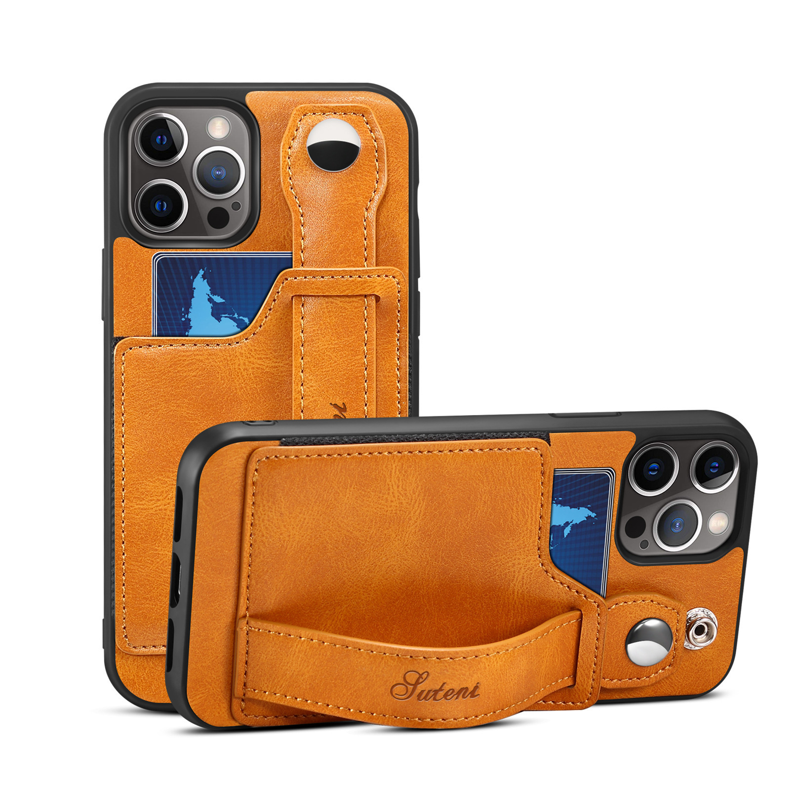 For iPhone 14 Pro Max PU Cover Luxury Card Holster Wrist Strap Cell Mobile Leather 14 Max Phone Case