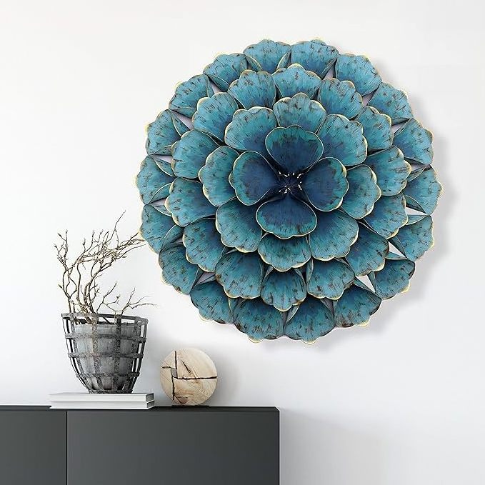 Teal Blue Metal Flower Wall Decor Flowered Wall Decoration 3D Hanging Flower Sculpture Metallic Gold Accents Living Room Bedroom