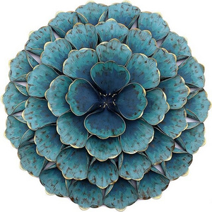 Teal Blue Metal Flower Wall Decor Flowered Wall Decoration 3D Hanging Flower Sculpture Metallic Gold Accents Living Room Bedroom