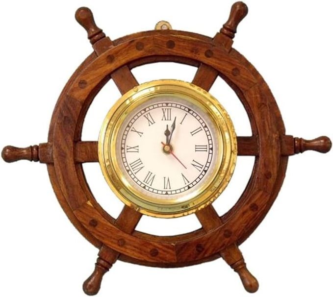 Wholesale Deluxe Class Wood and Brass Ship Wheel Clock  Decorative Ship Steering Wheel   Nautical Home Decorating