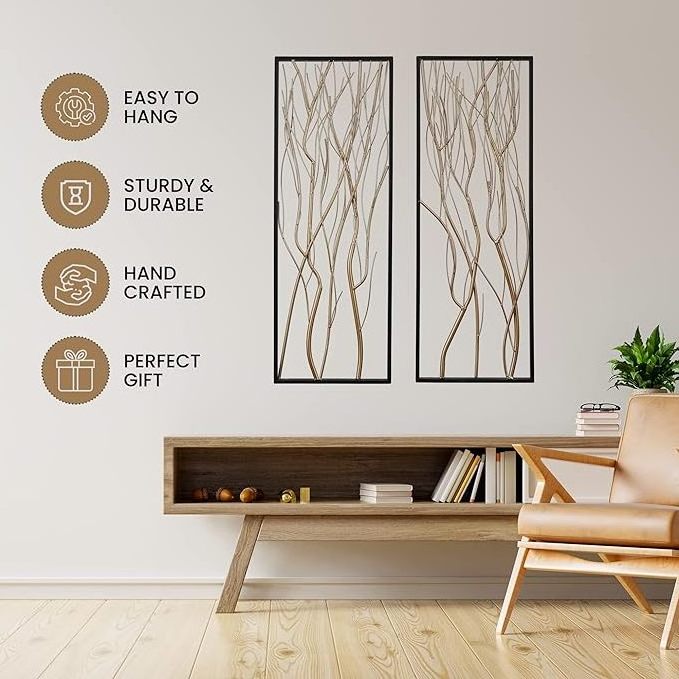 Metal Wall Art  Luxury Living Room  Decor Set of 2 Large  Hanging Metal Bedroom Wall Decorations for Home Office Gold & Black