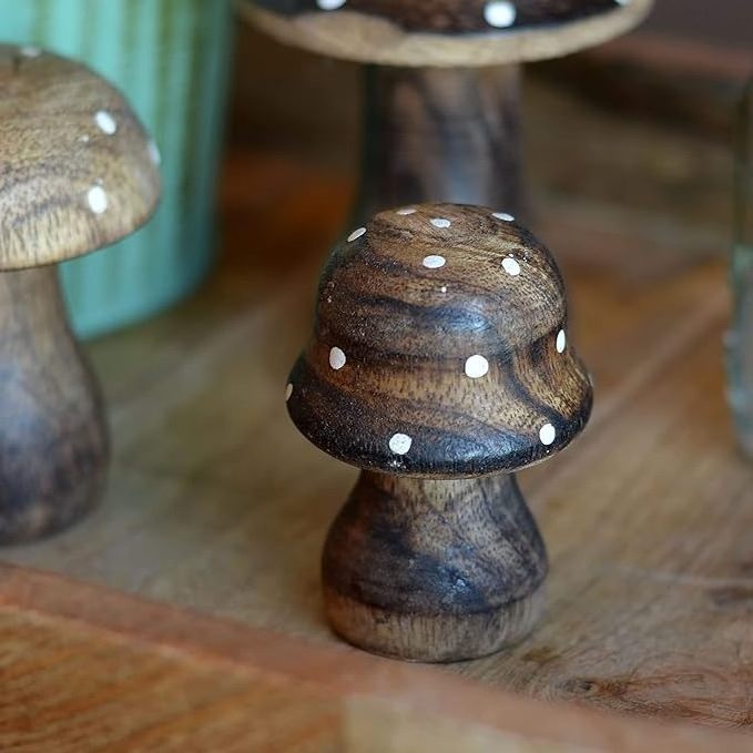 Wholesale Farmers Market Mushrooms  Set of 3  Decorative Figurines  Art Dark Mango Wood  Dotted Tops handmade art for home decor