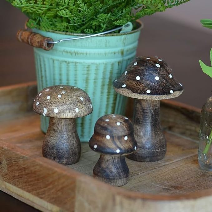 Wholesale Farmers Market Mushrooms  Set of 3  Decorative Figurines  Art Dark Mango Wood  Dotted Tops handmade art for home decor