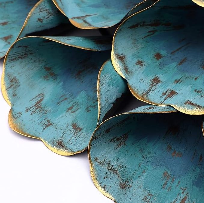 Teal Blue Metal Flower Wall Decor Flowered Wall Decoration 3D Hanging Flower Sculpture Metallic Gold Accents Living Room Bedroom