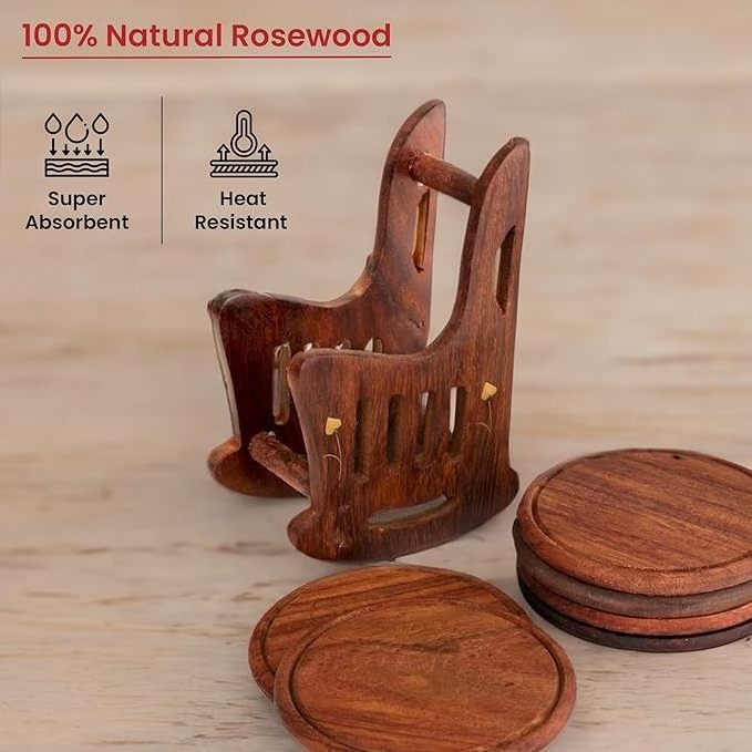 Wholesale Set of 6 Wooden Coasters with Chair Shape Holder for Tea Coffee Beer Wine Glass Drinks Table Top Protection