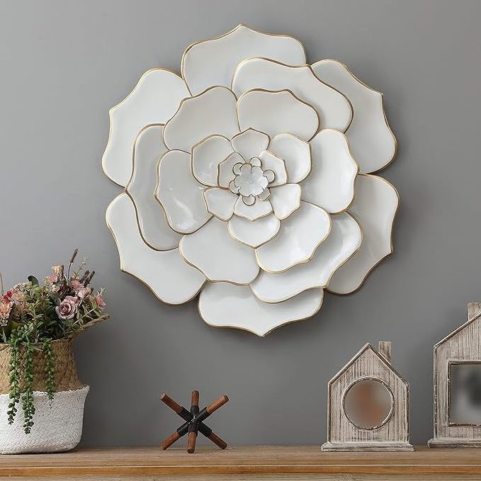 Metal Flowers Wall Art Decor Farmhouse Wall Decor for Living Room Bedroom Bathroom  Kitchen Office White & gold metal flower