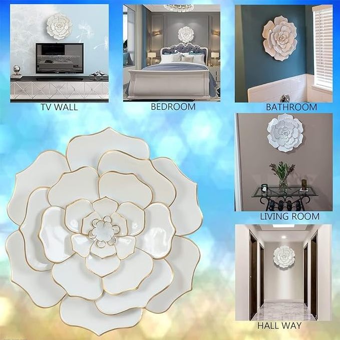 Metal Flowers Wall Art Decor Farmhouse Wall Decor for Living Room Bedroom Bathroom  Kitchen Office White & gold metal flower