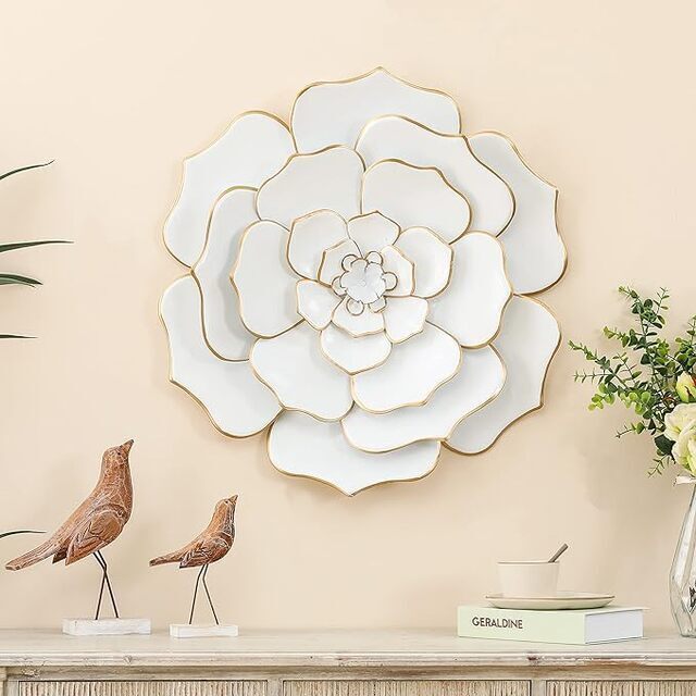 Metal Flowers Wall Art Decor Farmhouse Wall Decor for Living Room Bedroom Bathroom  Kitchen Office White & gold metal flower