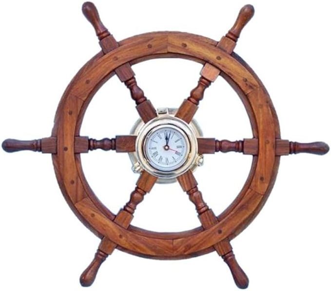 Wholesale Deluxe Class Wood and Brass Ship Wheel Clock  Decorative Ship Steering Wheel   Nautical Home Decorating