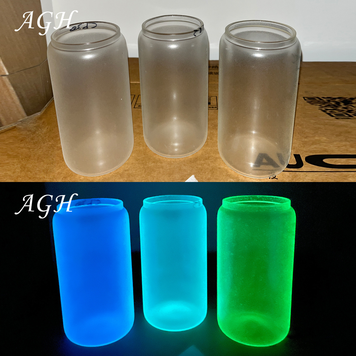 Glow in the dark sublimation fluorescent Luminous wine beer shaped can glass beer can glasses tumbler with bamboo lid and straw