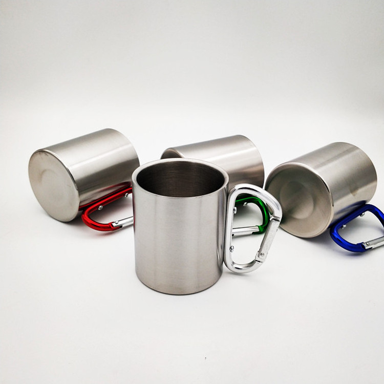 Wholesale Customization 220 ML/300 ML Stainless Steel Double Wall Carabiner Hiking Camping Mug Coffee Cups With Handle