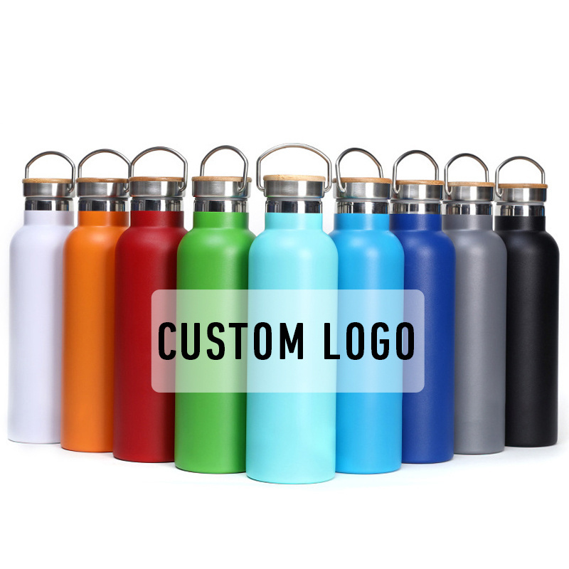 Double wall 304 stainless steel outdoor sport water bottle powder coated reusable vacuum flask water bottle with bamboo lid