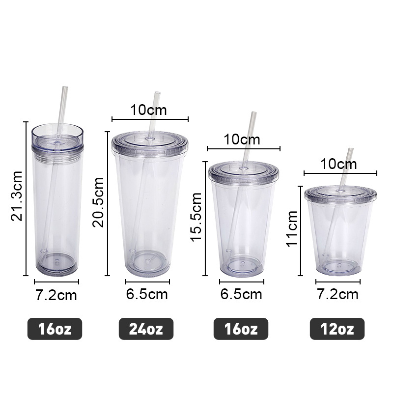 Custom logo 16oz 24oz  Reusable Travel Coffee Mug Double Wall Insulate Clear Plastic acrylic Tumblers With Straw And Lid In Bulk