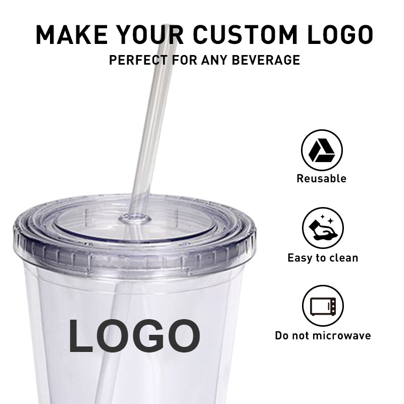 Custom logo 16oz 24oz  Reusable Travel Coffee Mug Double Wall Insulate Clear Plastic acrylic Tumblers With Straw And Lid In Bulk