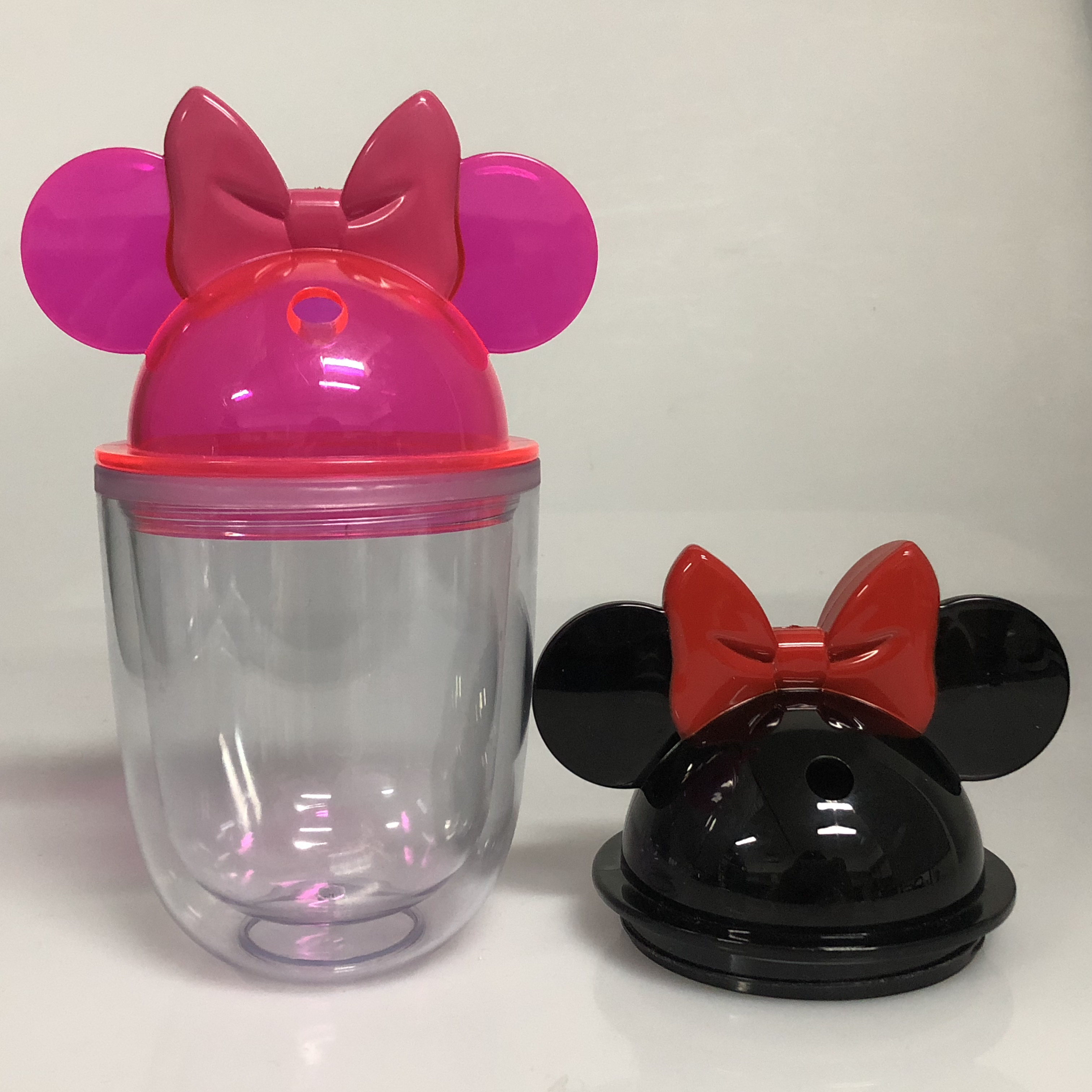 popular sale 350ML double wall Mini Minnie Ears water bottle acrylic clear plastic mug with lid and straw  BPA free custom