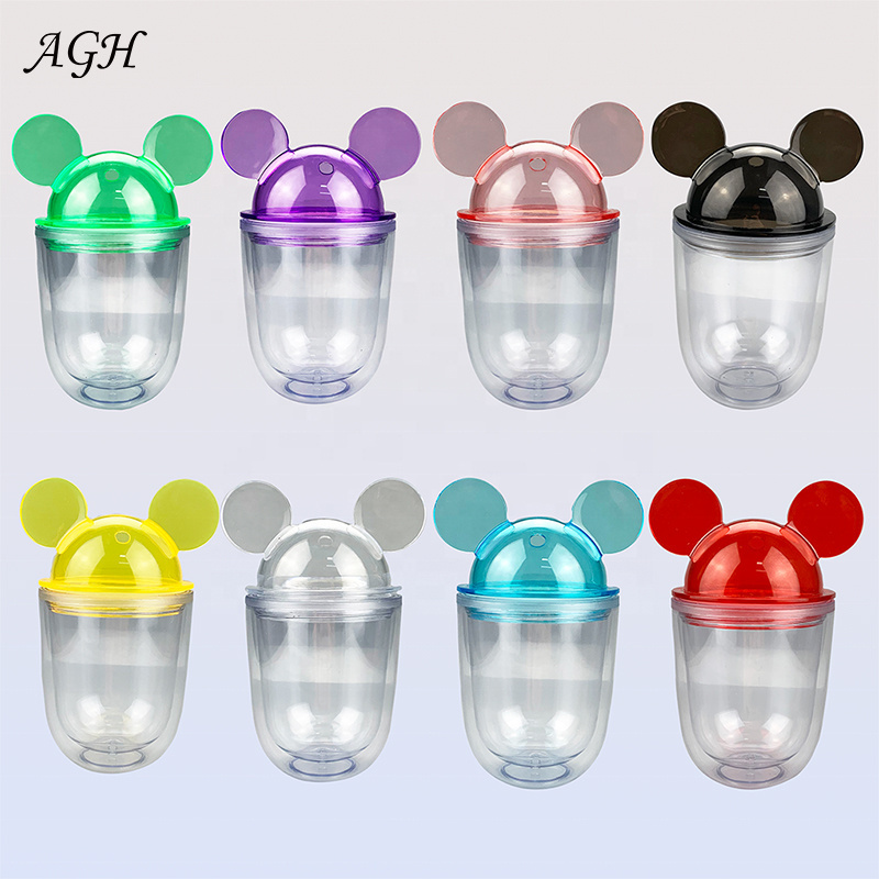 Wholesale  Double Walled Acrylic Clear 12oz Mini Mickey Minnie Cup Mouse Head Ear Tumbler Cup with Dome Lid