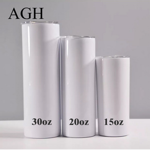 AGH Hot Sale 12oz 15oz 20oz 30oz Stainless Steel Cups White Sublimation Blank Straight Skinny Tumbler With Lids