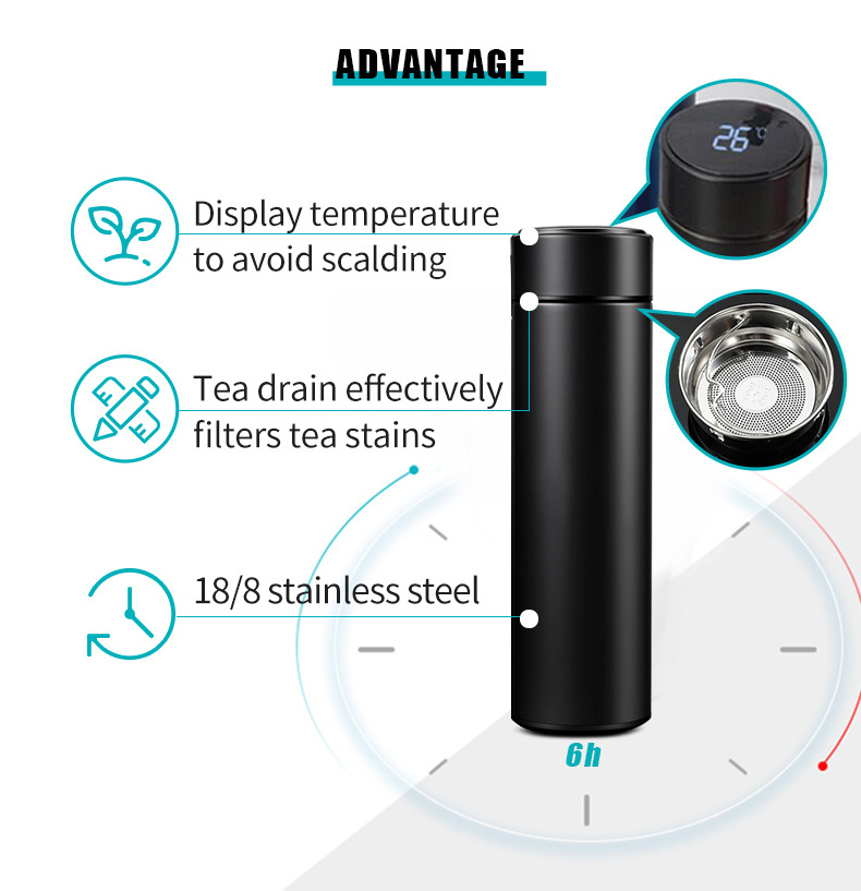 Double Digital Vacuum Insulation 500ml Thermos Tumbler Stainless Steel Smart Water Bottle with LED Temperature Display