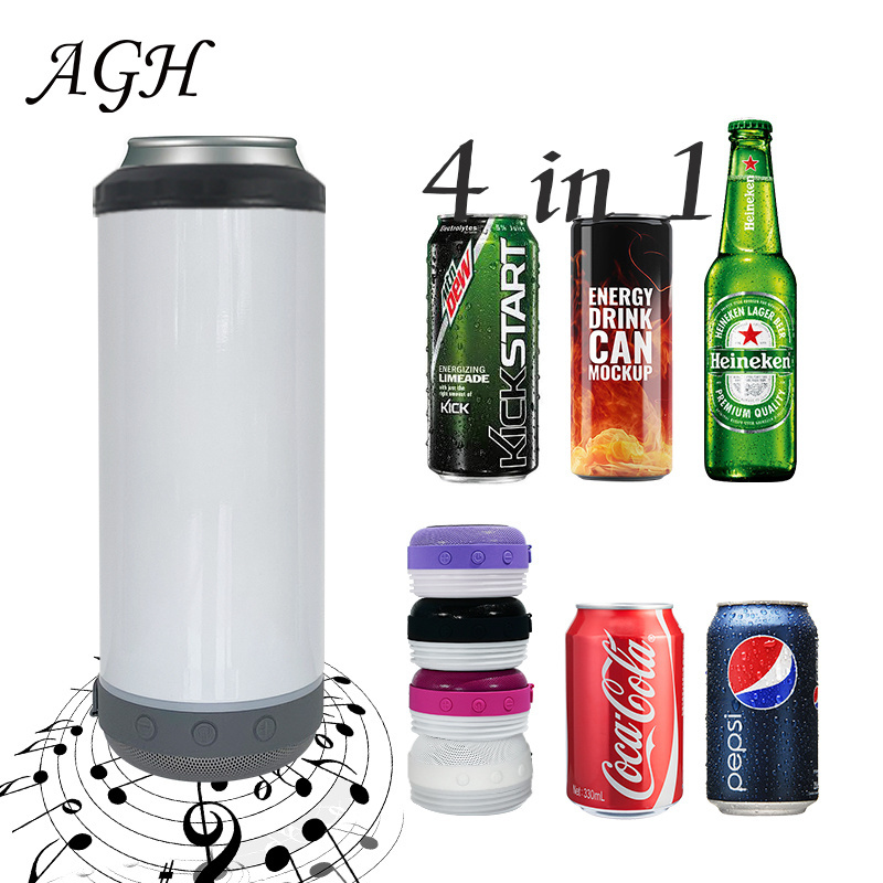 AGH New Arrival 12oz 16 16oz Stainless Steel 4-1 4 in 1 Sublimation Skinny Slim  Blanks Beer Can Cooler with Speaker and Lids