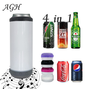 AGH New Arrival 12oz 16 16oz Stainless Steel 4-1 4 in 1 Sublimation Skinny Slim  Blanks Beer Can Cooler with Speaker and Lids