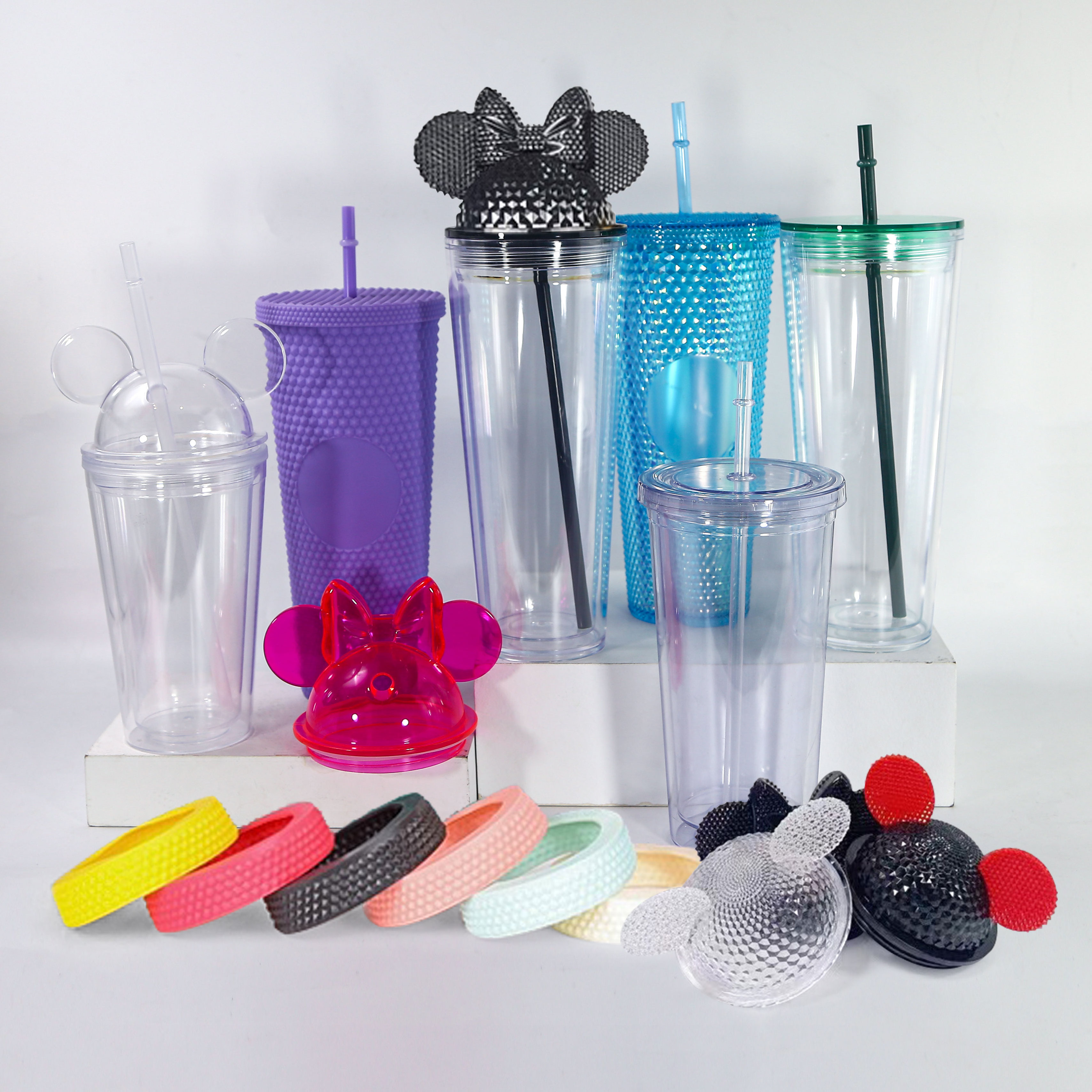 Wholesale  Double Walled Acrylic Clear 12oz Mini Mickey Minnie Cup Mouse Head Ear Tumbler Cup with Dome Lid