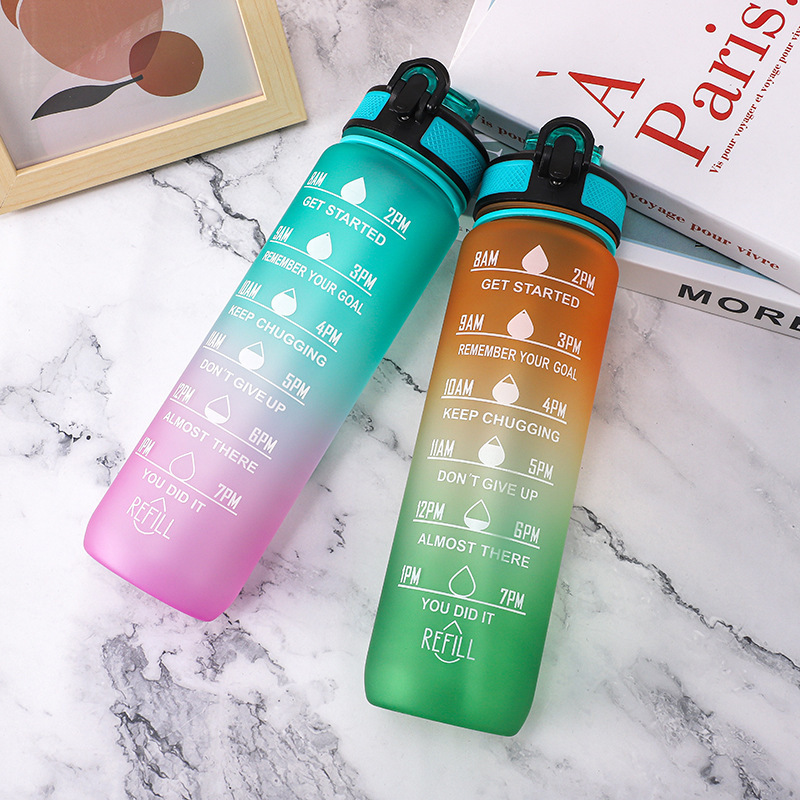 AGH New Design BPA Free 1L 1 Liter Plastic Large Capacity Tritan Gym Sport Motivational Water Bottle with Straw and Time Marker