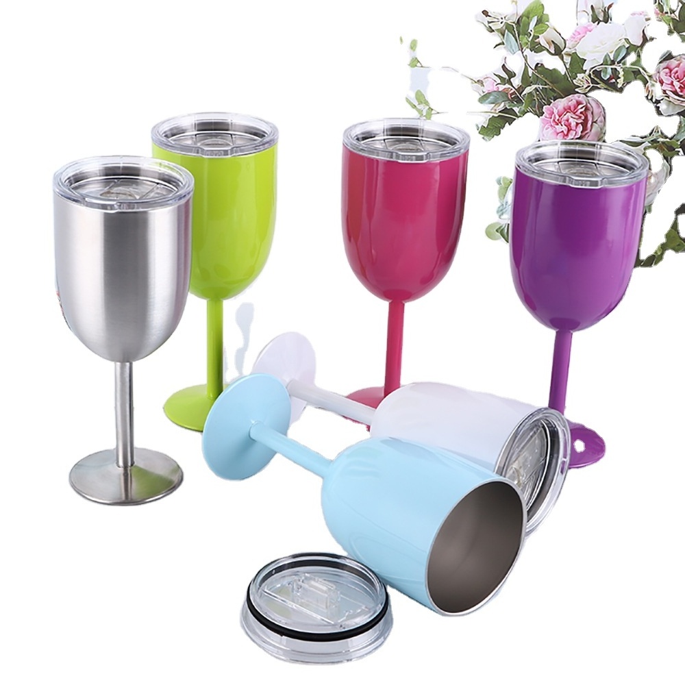 10oz Stainless Steel Wine Goblet Wholesale Water Bottles Red Wine Cup Double Walled Tumbler Goblet with Clear Lid