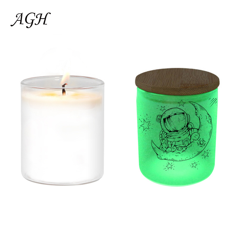 AGH 10oz Wholesale Custom High Quality Thick Sublimation Frosted Clear Luxury Glass Candle Jars Cup Glow in the Dark  With Lids