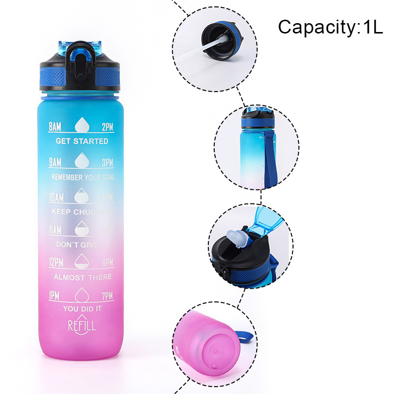 AGH New Design BPA Free 1L 1 Liter Plastic Large Capacity Tritan Gym Sport Motivational Water Bottle with Straw and Time Marker