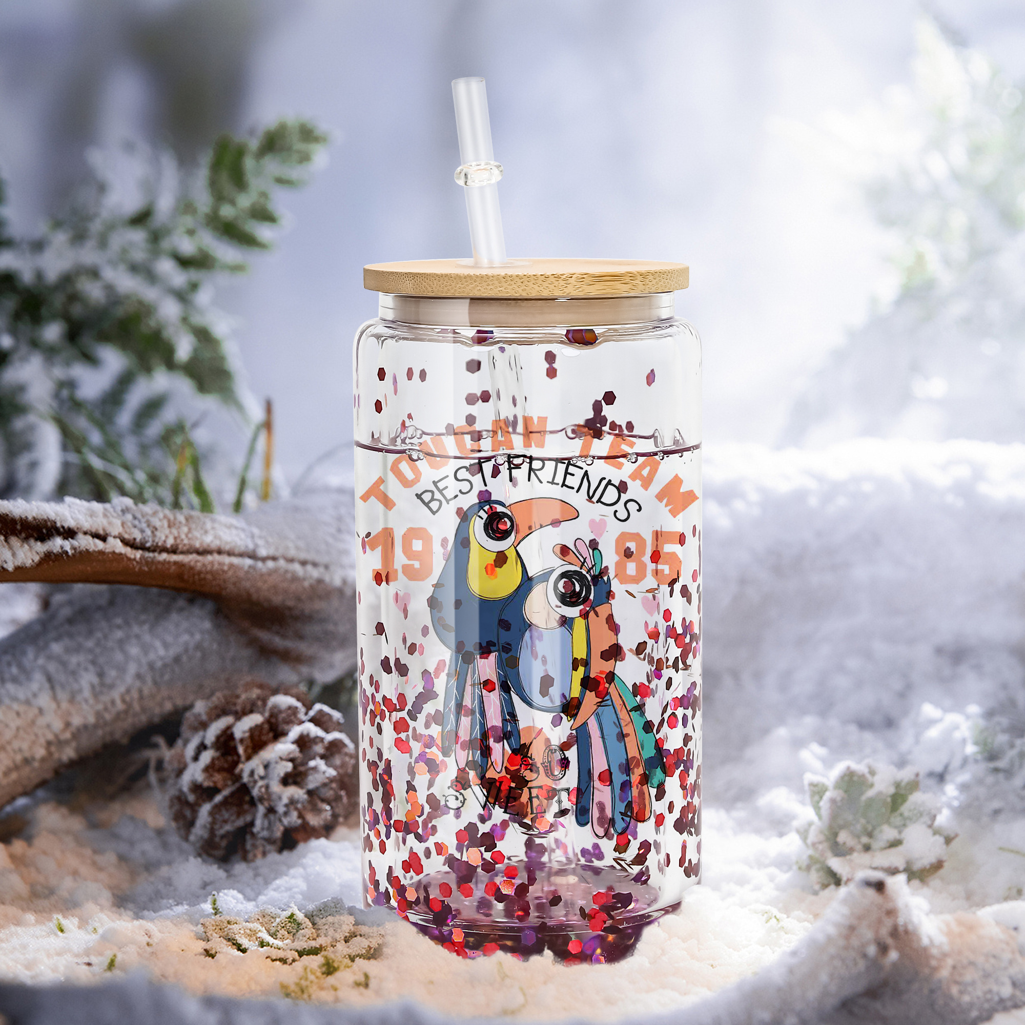 Hot sell 16oz clear double wall pre-drill sublimation snow globe glass jar with stopper and bamboo lids RTS in US warehouse