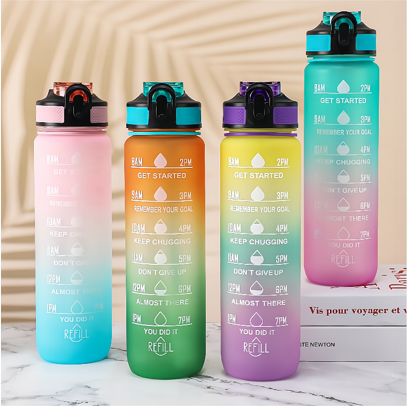 AGH New Design BPA Free 1L 1 Liter Plastic Large Capacity Tritan Gym Sport Motivational Water Bottle with Straw and Time Marker