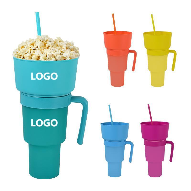 AGH New 32oz Stadium Tumbler Plastic Snack And Drink Cup Popcorn Chips Cola Mug With Handle Snack Tray Bowl Straw