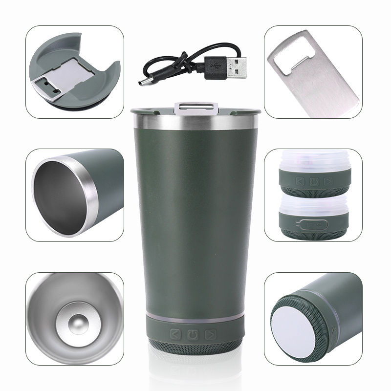 New 16oz beer cup Reusable Stainless Steel Outdoor Tumbler 473ML Insulated Beer Cups with Opener and Wireless Speaker