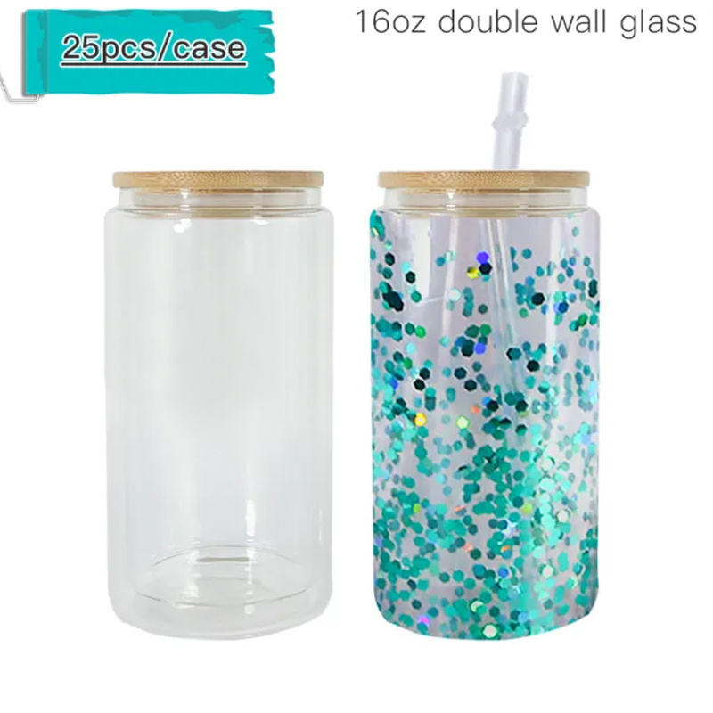 USA free shipping pre drilled double wall tumblers snow globes glass 16oz 25oz glass coffee cup beer clear can with Glitter