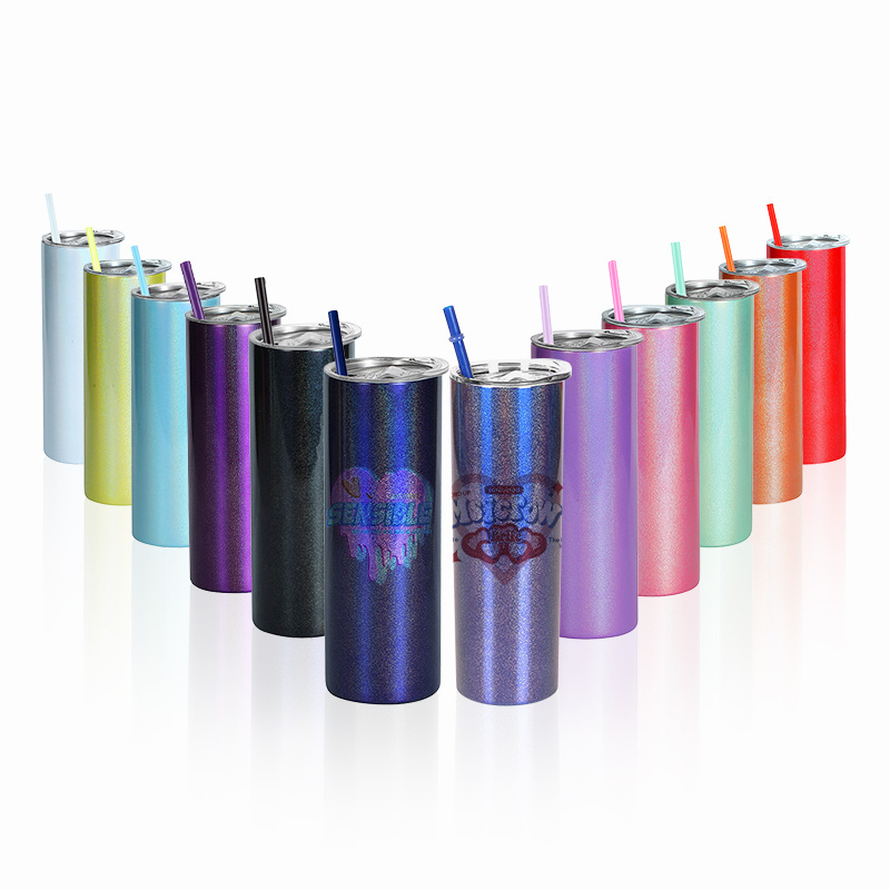 NEW 20oz sublimation straight rainbow shimmer tumbler stainless steel double wall vacuum insulted skinny cup with plastic straw