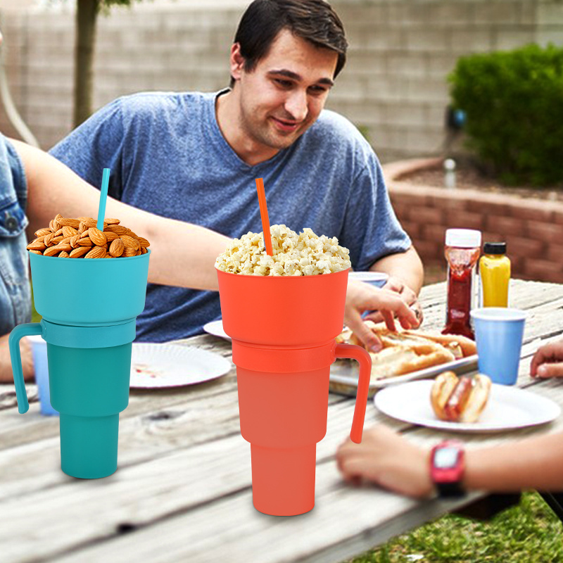 Stadium tumbler Customized logo 32oz Mainstays plastic colors /gradient Color Changing Stadium tumbler with snack bowl and straw