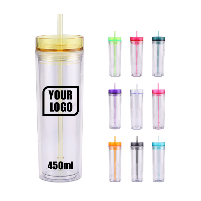 Hot Party Wedding Favor 16oz 450ml DOUBLE WALL acrylic skinny tumblers Custom personalized cold plastic cups with lid and straw