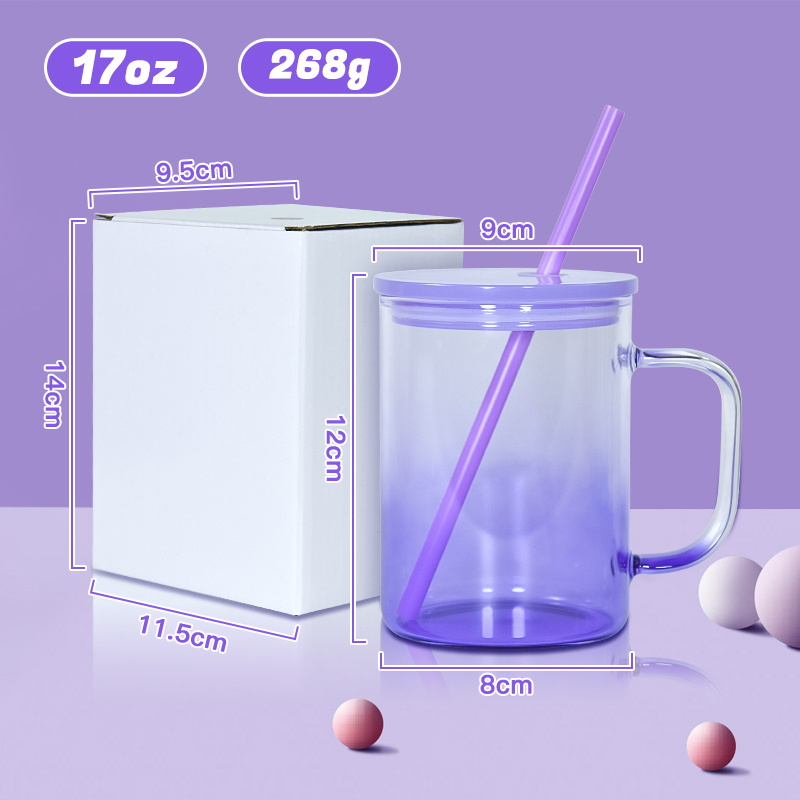 17oz ombre glass can with handle New arrival gradient jelly sublimation 17oz glass tumbler with handle and colors lids