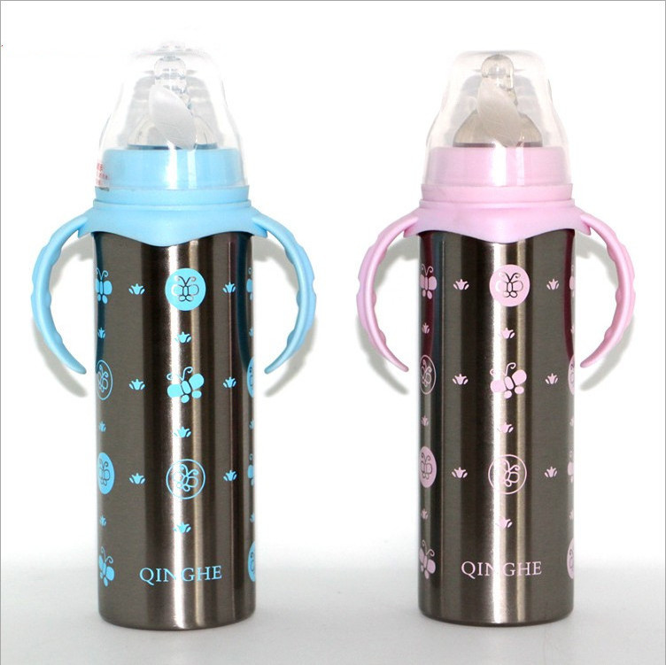 BPA FREE 8oz stainless steel kids water bottles baby bottle with silicone nipple baby feeding milk bottle with handle