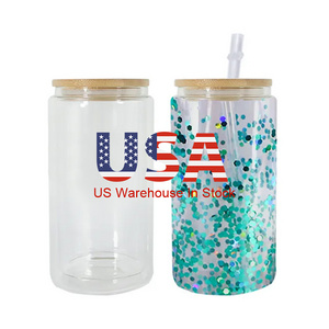 USA free shipping pre drilled double wall tumblers snow globes glass 16oz 25oz glass coffee cup beer clear can with Glitter