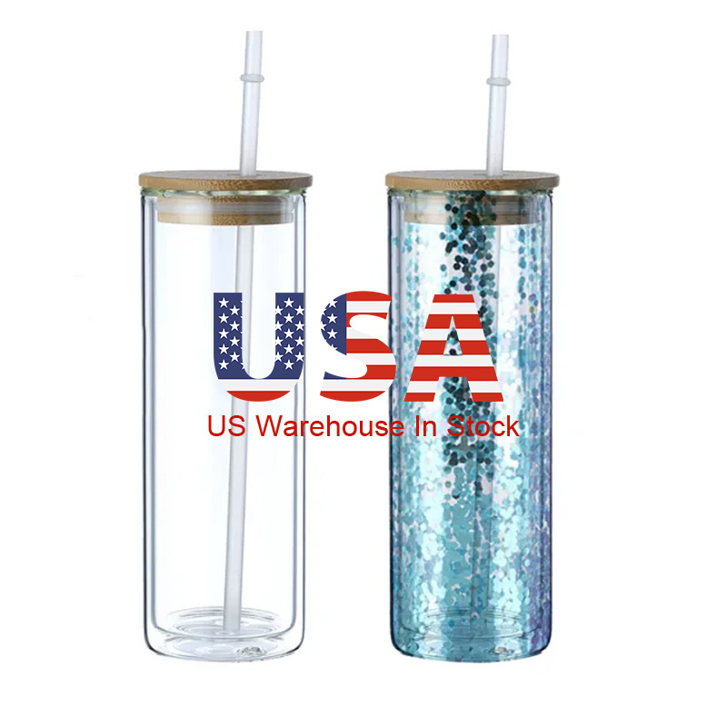 USA free shipping pre drilled double wall tumblers snow globes glass 16oz 25oz glass coffee cup beer clear can with Glitter