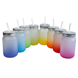 Frosted Glass Jars Sublimation Blanks 16oz 450ml DIY Transparent Clear Glass Mason Jars with Lid Colorful Straw