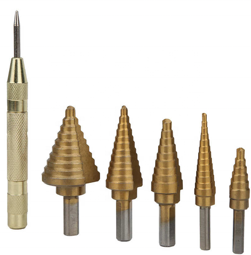 FINETOO 6pcs Titanium Cobalt Drill Bit  High Speed Steel Step Drill Bits Set for Metal Hole Drilling with Center Punch