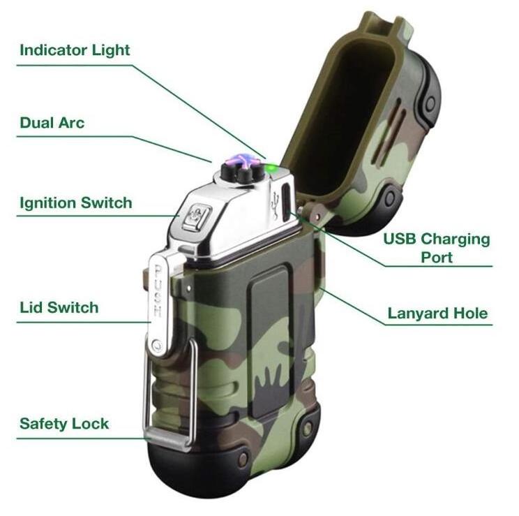 Outdoor Camping Waterproof Windproof Lighter Dual Arc Electric Lighters USB Rechargeable Lighter